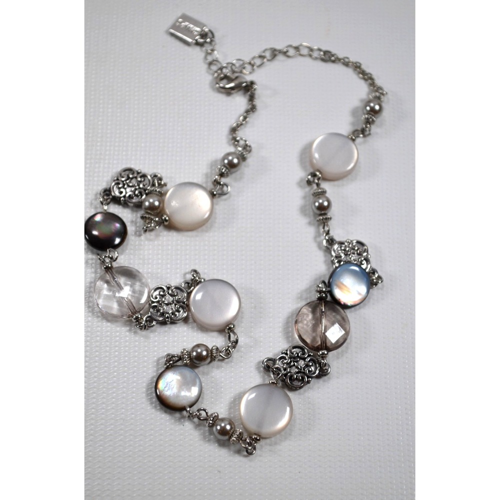 Chaps  Beaded Necklace Gray Flat‎ Beads Faceted Clear Metal Medallions 21"